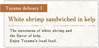 Toyama delicacy 1 : white shrimp sandwiched in kelp / The sweetness of white shrimp and the flavor of kelp. Enjoy Toyama's local food.