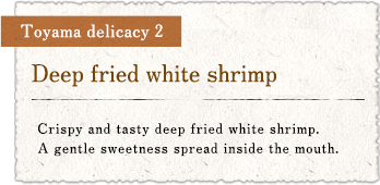Toyama delicacy 2 : Deep fried white shrimp / Crispy and tasty deep fried white shrimp. A gentle sweetness spread inside the mouth.