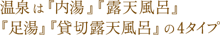 自慢3 温泉は『内湯』『露天風呂』『足湯』『貸切露天風呂』の4タイプ